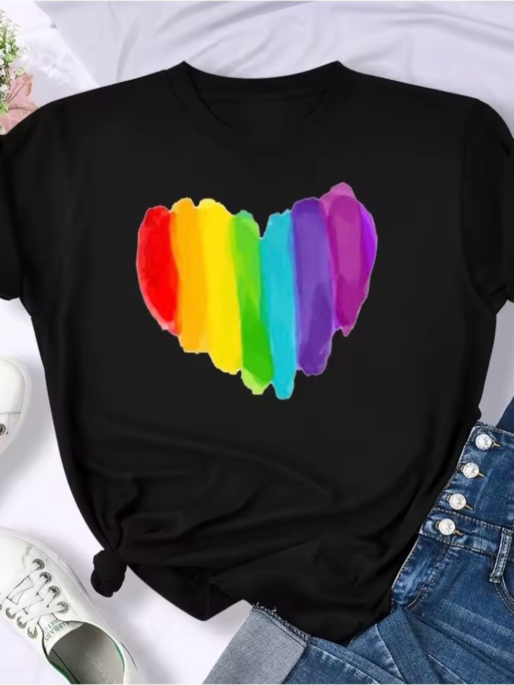 Black Rainbow Heart Graphic Tee - Unbranded